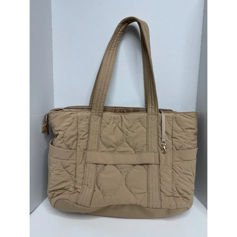 Lovevook Tan Quilted Nylon Tote Bag Padded Laptop Shoulder Bag Beige Large